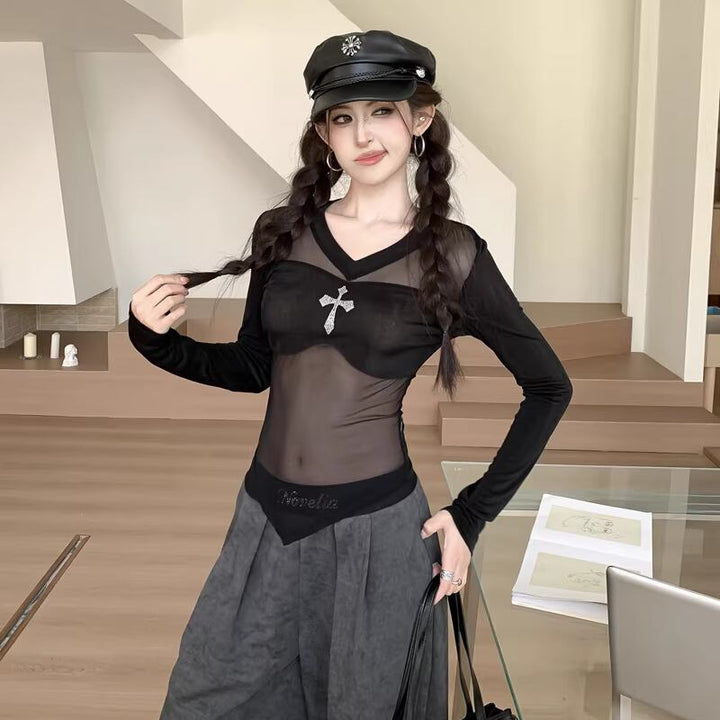 【tops】透け感チュールドッキングトップス Q8197