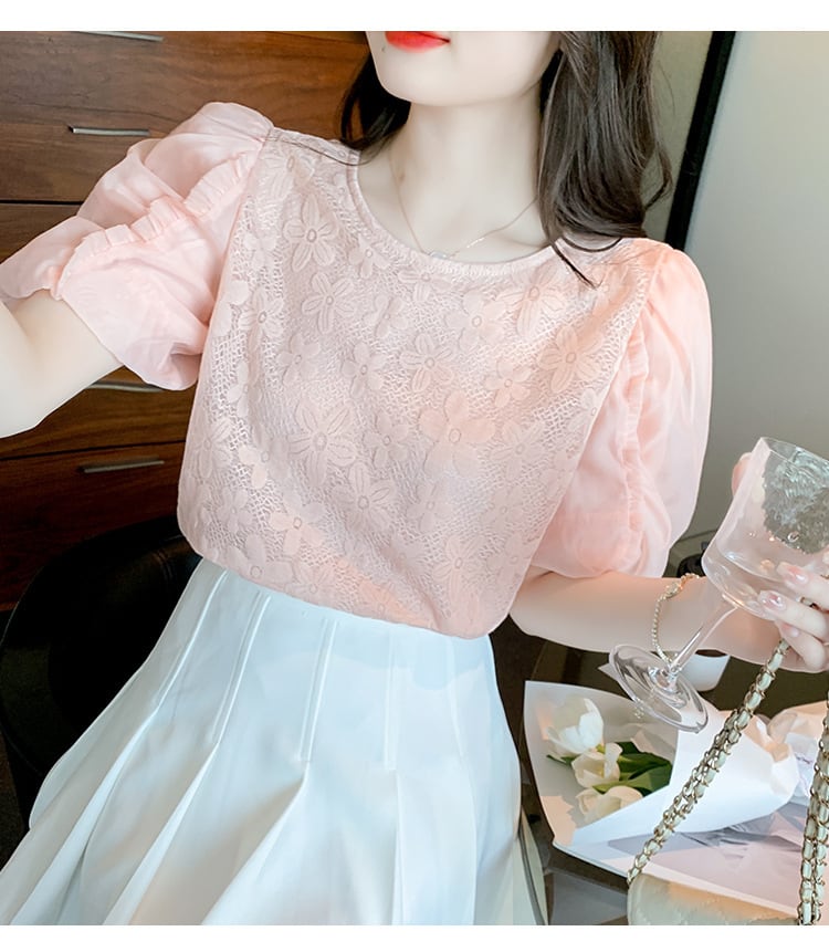 【tops】パフスリーブジャカードカットワークトップス　M17126