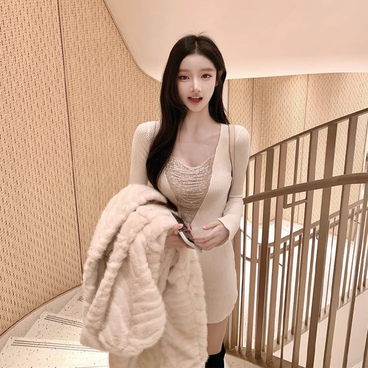 【dress】ビーズチェーンドッキングニットワンピース Q7647