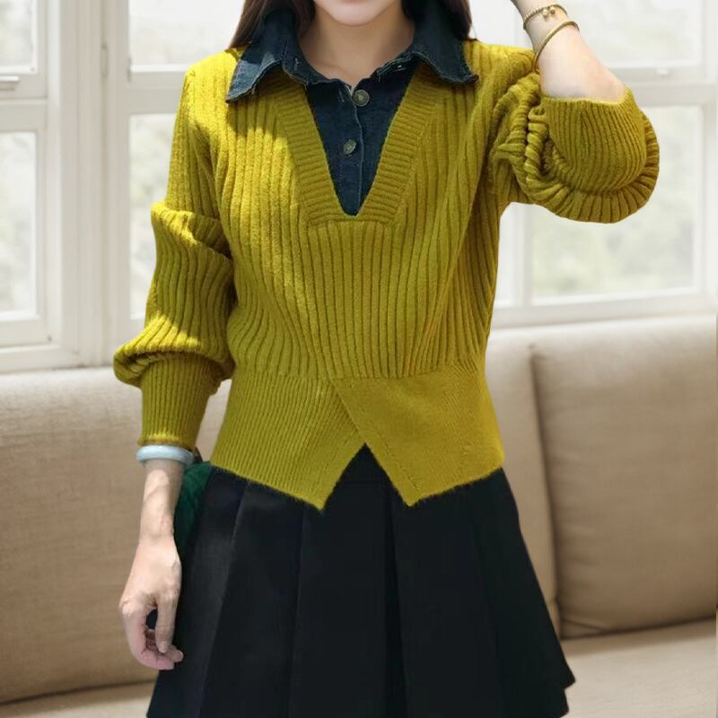 【tops】フェイクレイヤードニットトップス Q7714