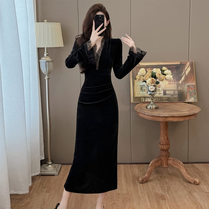 【dress】レースドッキングベルベットワンピース Q7496