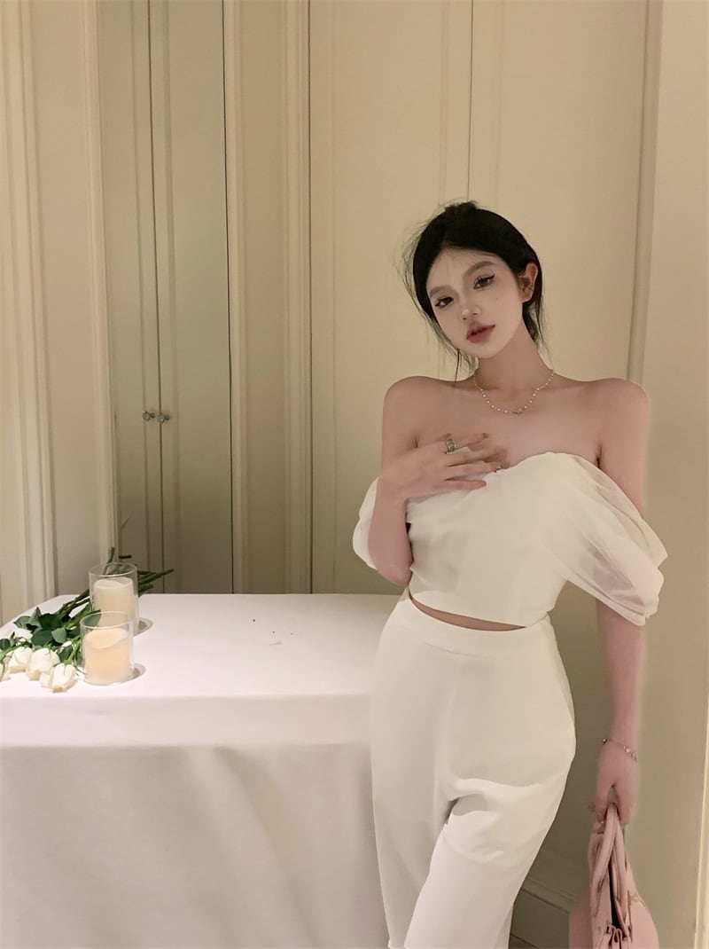 【set】オフショルダートップス×ストレートパンツセット　M23575
