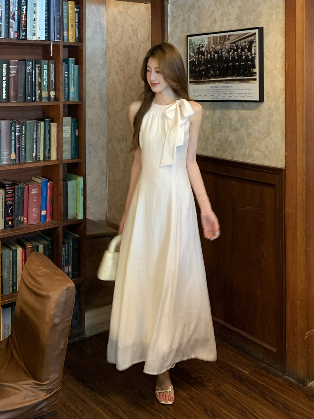 【dress】ノースリーブリボン付きロングワンピース Q8663