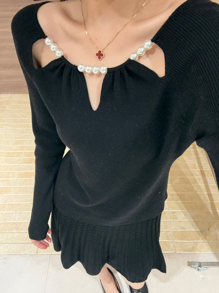 【tops】パール付きニットトップス Q9129