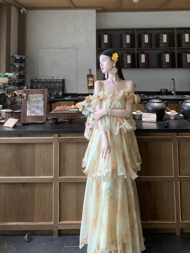 【dress】フラワー柄ギャザーフリルロングキャミワンピース Q8552