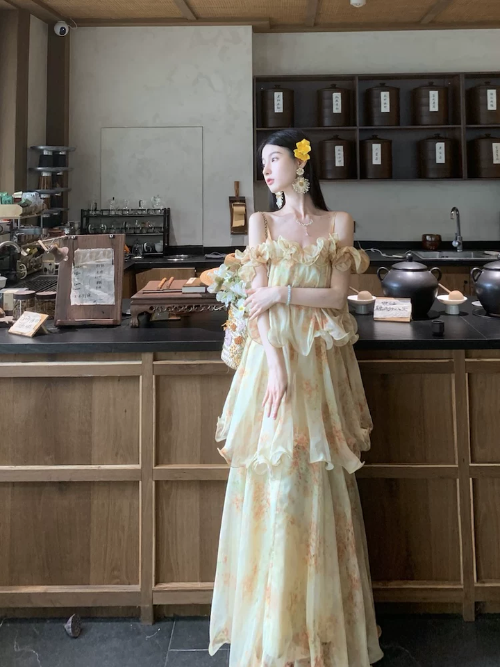 【dress】フラワー柄ギャザーフリルロングキャミワンピース Q8552