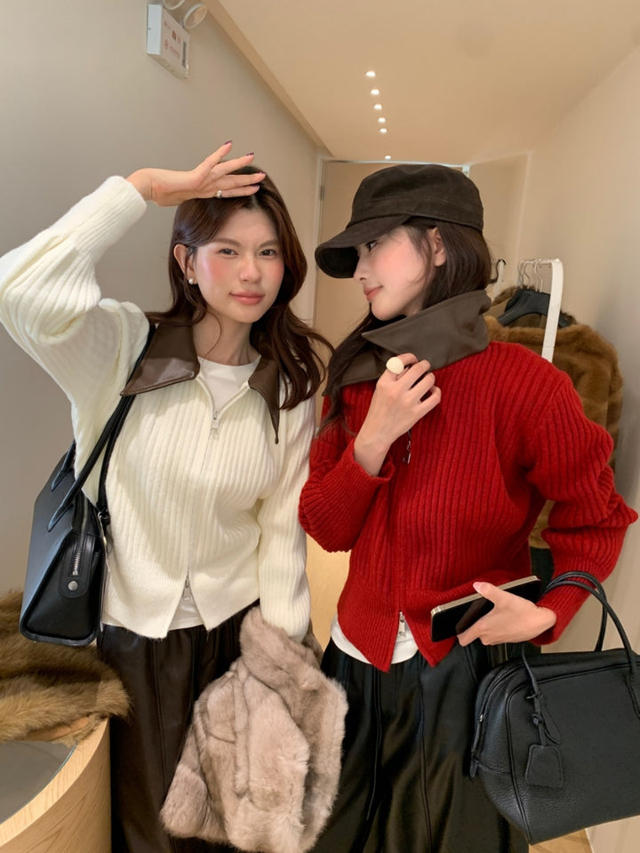 【outer】PUネックドッキングニットカーディガン Q9267