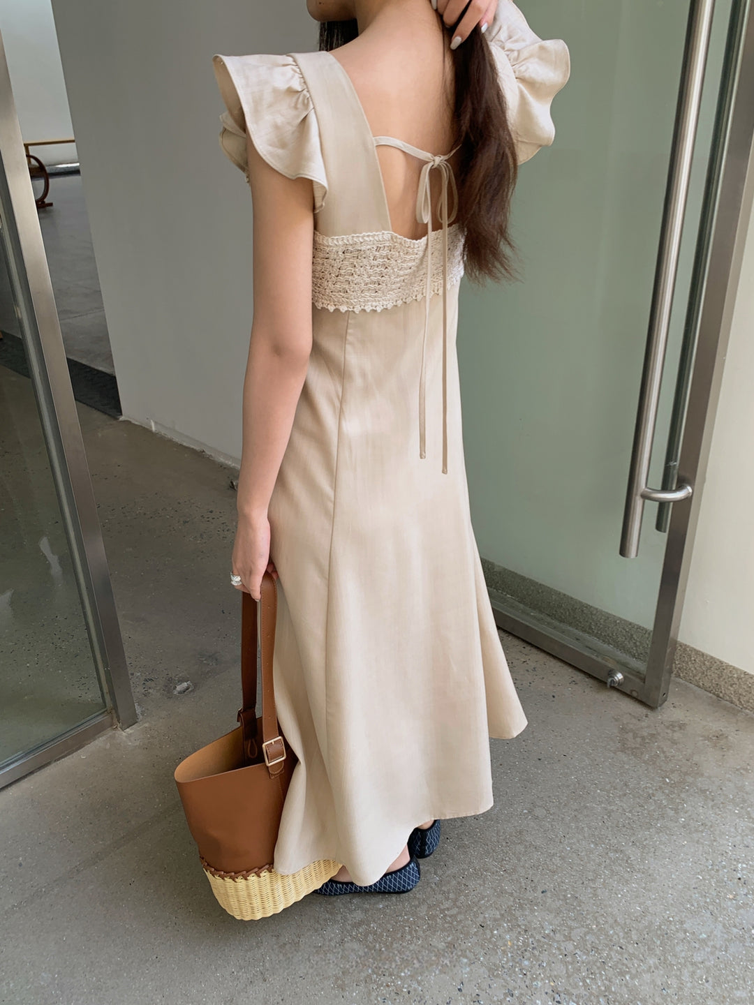 【dress】レースドッキングフラッタースリーブワンピース Q8672