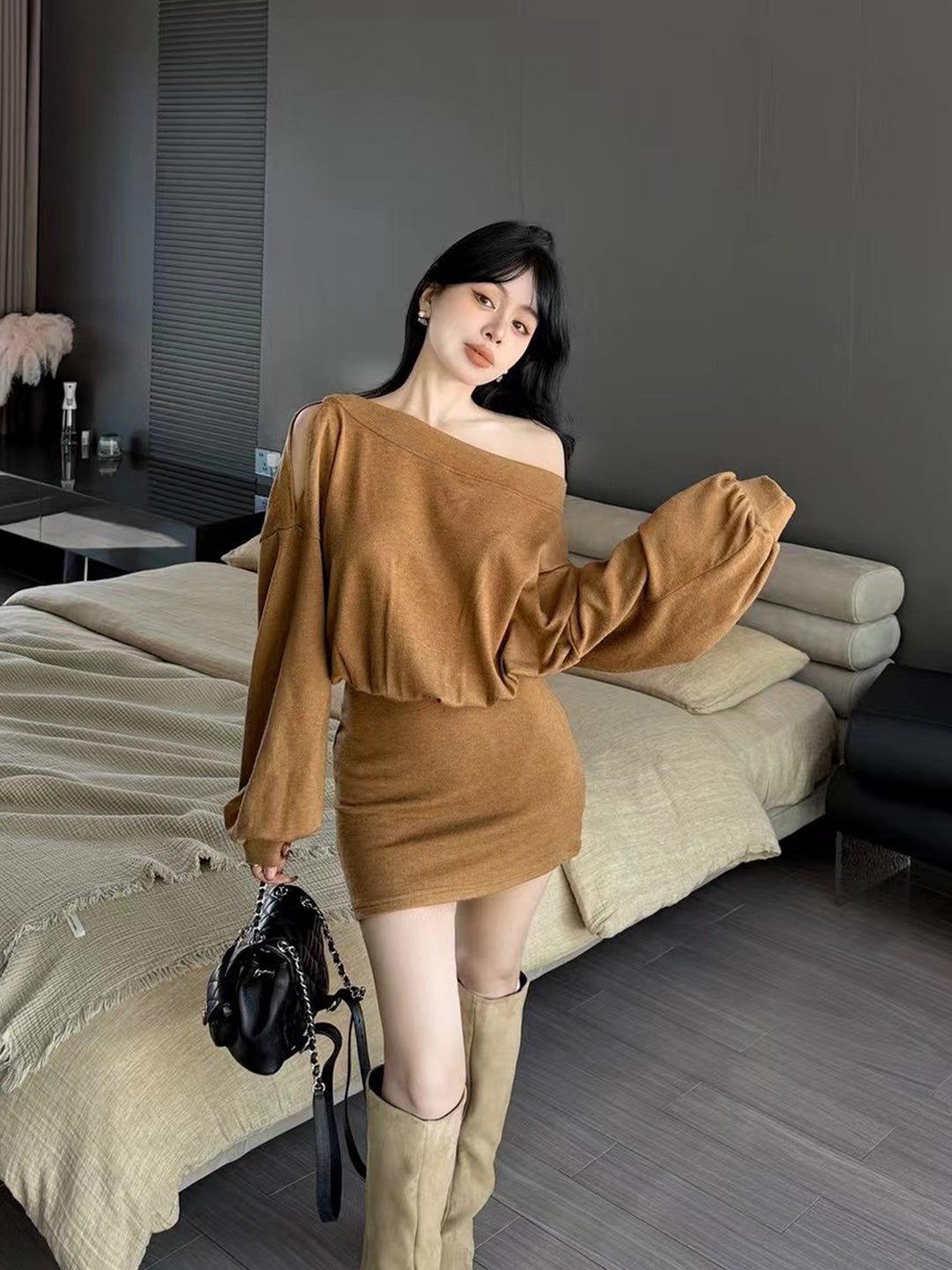 【dress】オフショルダーニットワンピース Q9198