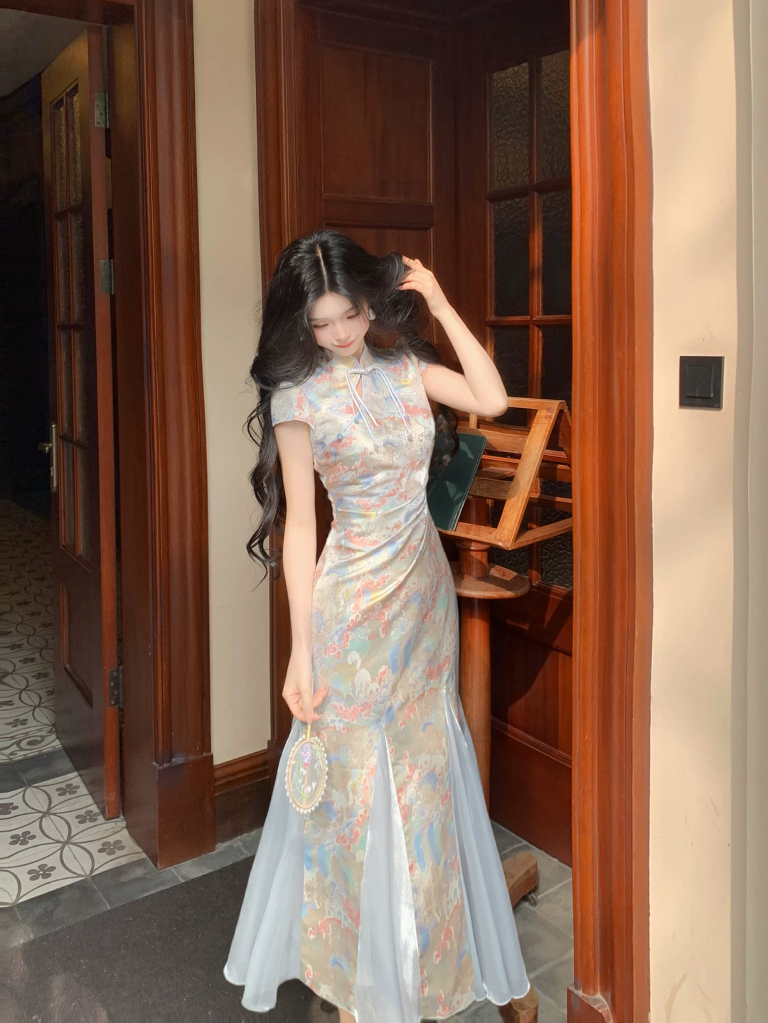 【dress】半袖サテンドッキングロングワンピース Q8542