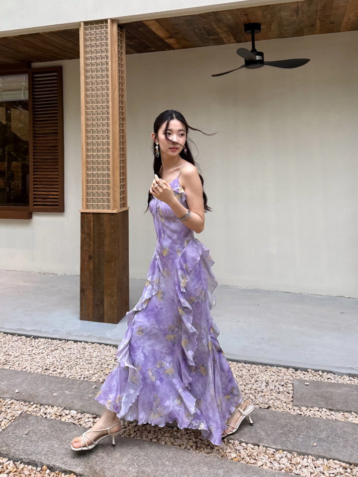 【dress】フラワー柄ギャザーフリルロングキャミワンピース Q8668