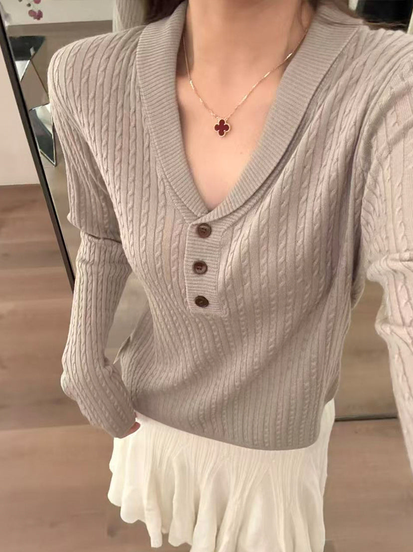 【tops】折り襟ニットトップス Q9142