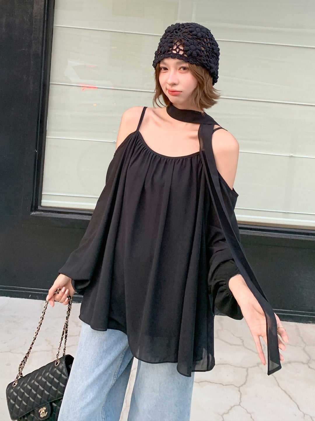 【tops】スカーフ付きオフショルダートップス Q9041