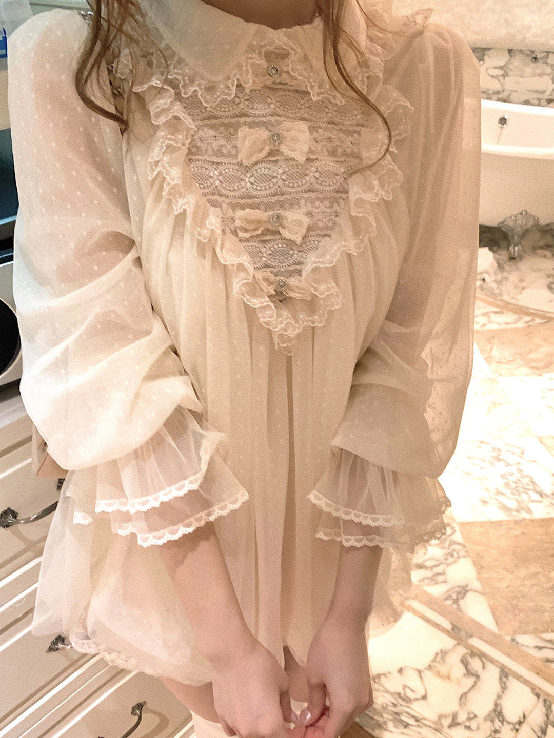 【dress】ギャザーフリルレースドッキングミニワンピース Q9229