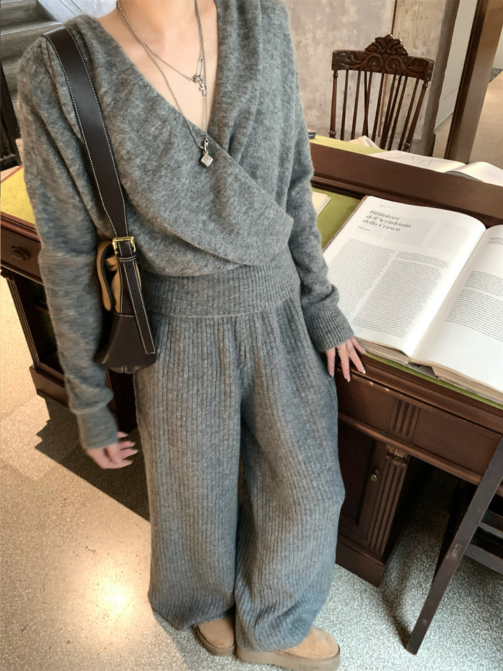 【set】クロスネックニットトップス×ワイドパンツセット Q9235