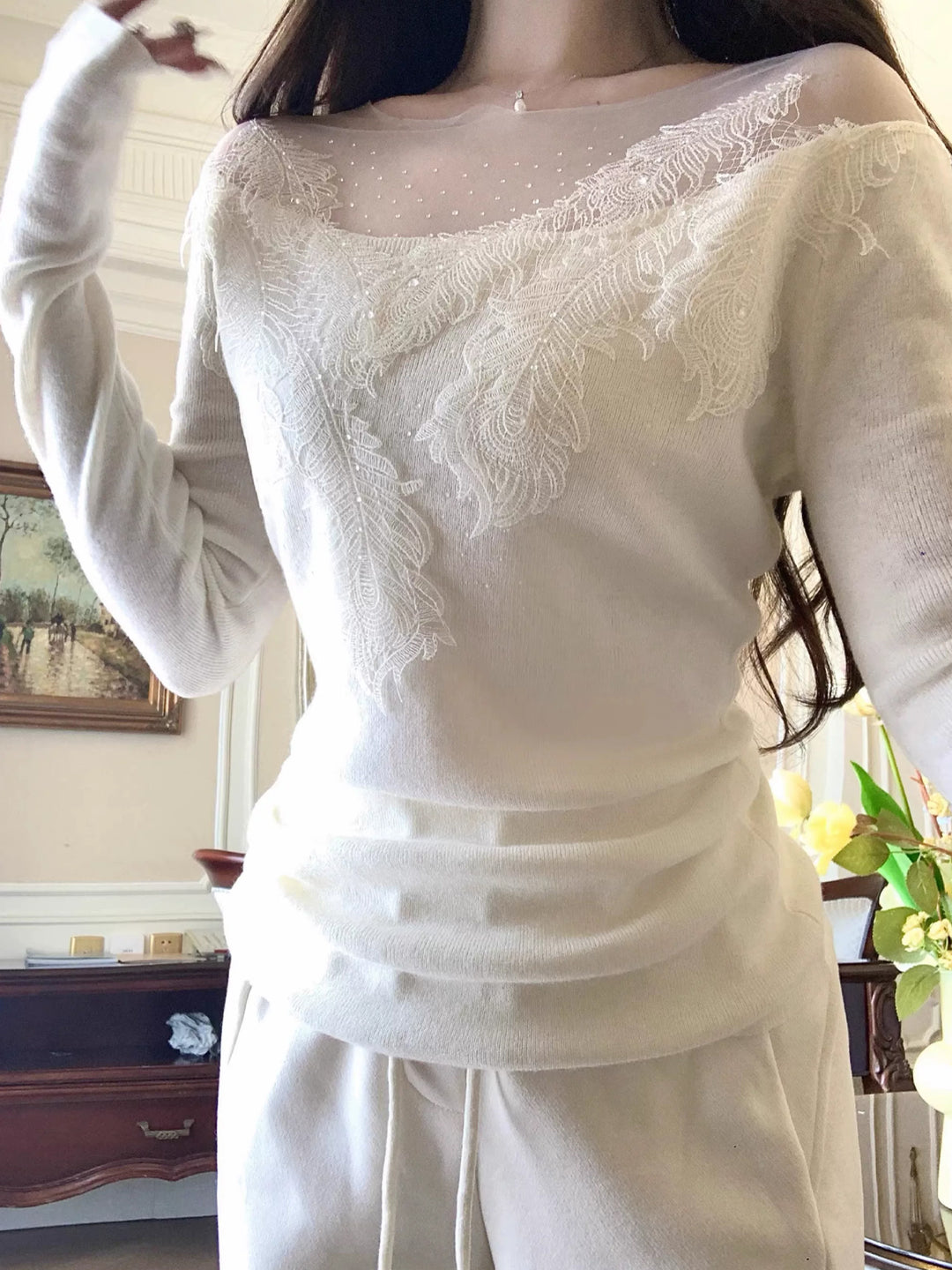 【tops】レースドッキングニットトップス Q9083