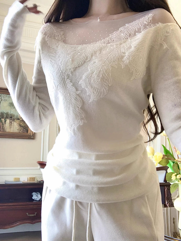 【tops】レースドッキングニットトップス Q9083
