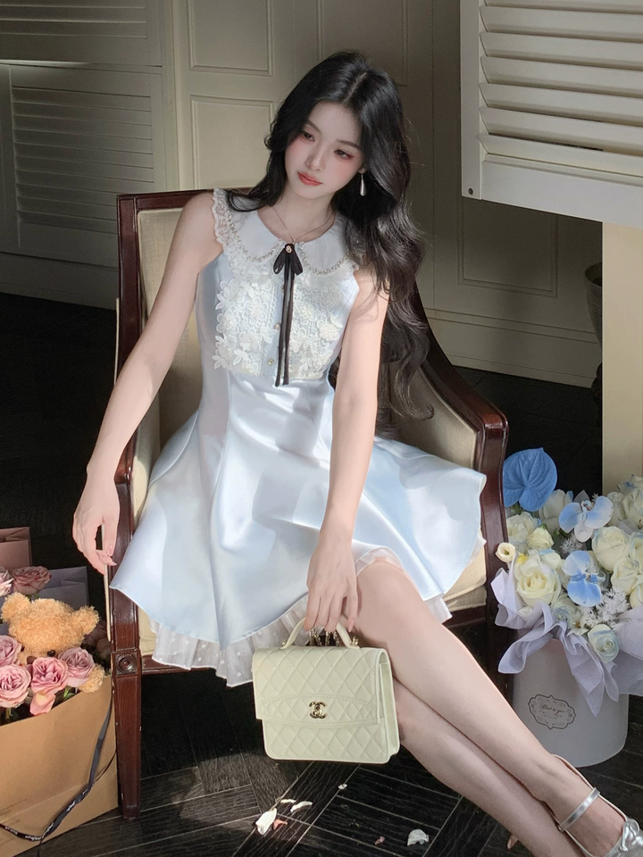 【dress】レースドッキングピーターパンカラーミニワンピース Q8549