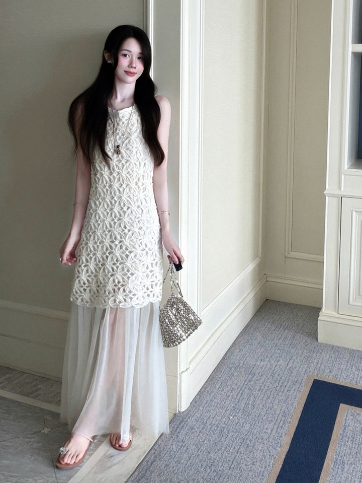 【dress】ノースリーブチュールドッキングロングワンピース Q8674
