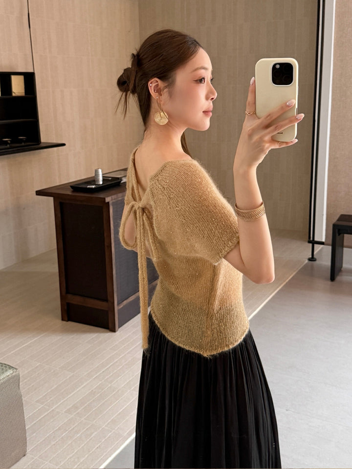 【tops】バックリボン半袖ニットトップス Q8979