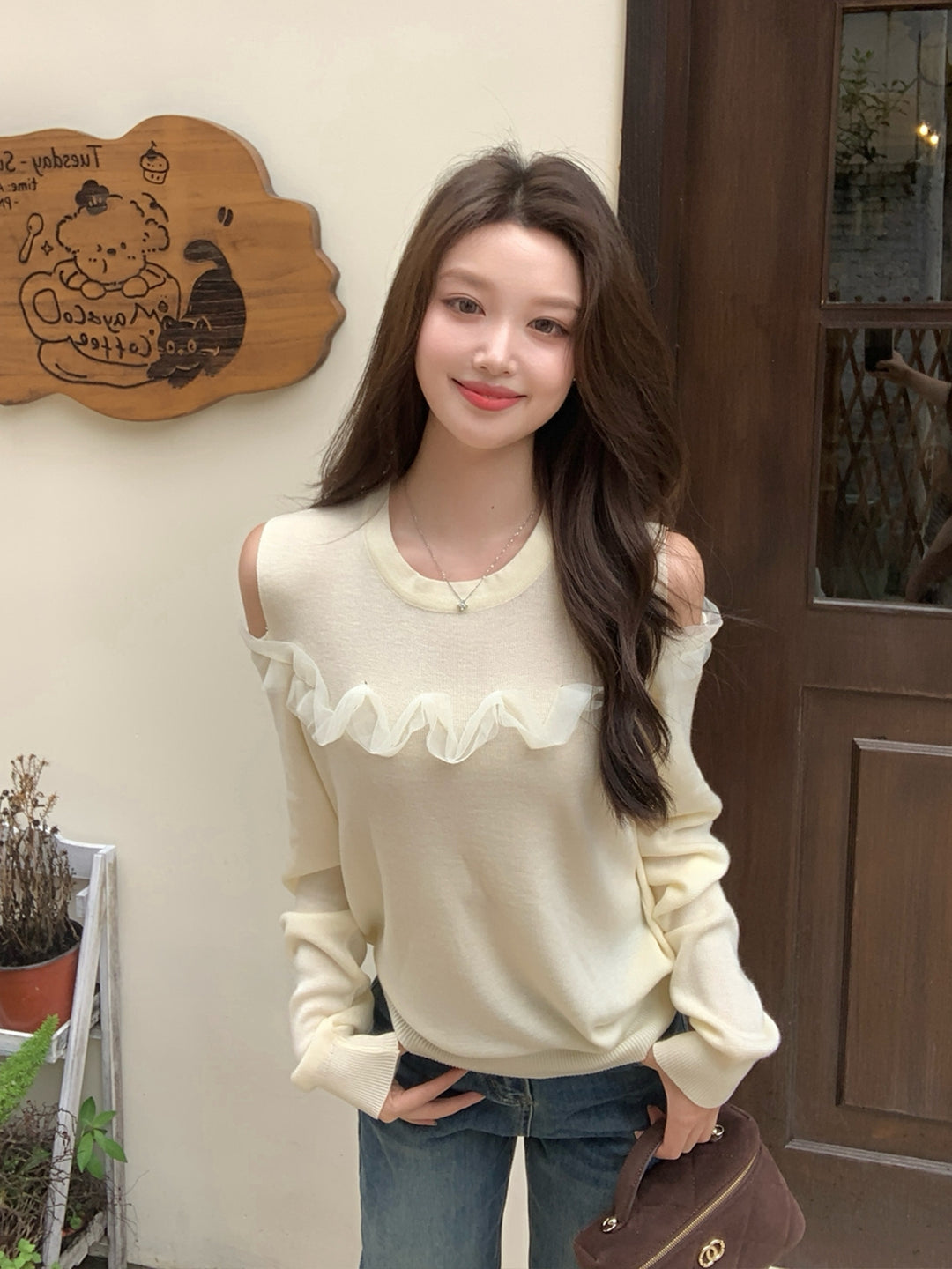 【tops】オープンショルダーニットトップス Q9061