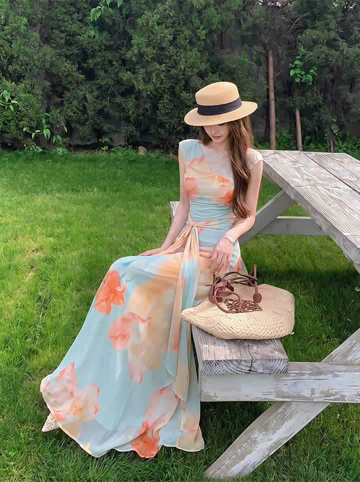【dress】ノースリーブレースドッキングロングワンピース Q8597