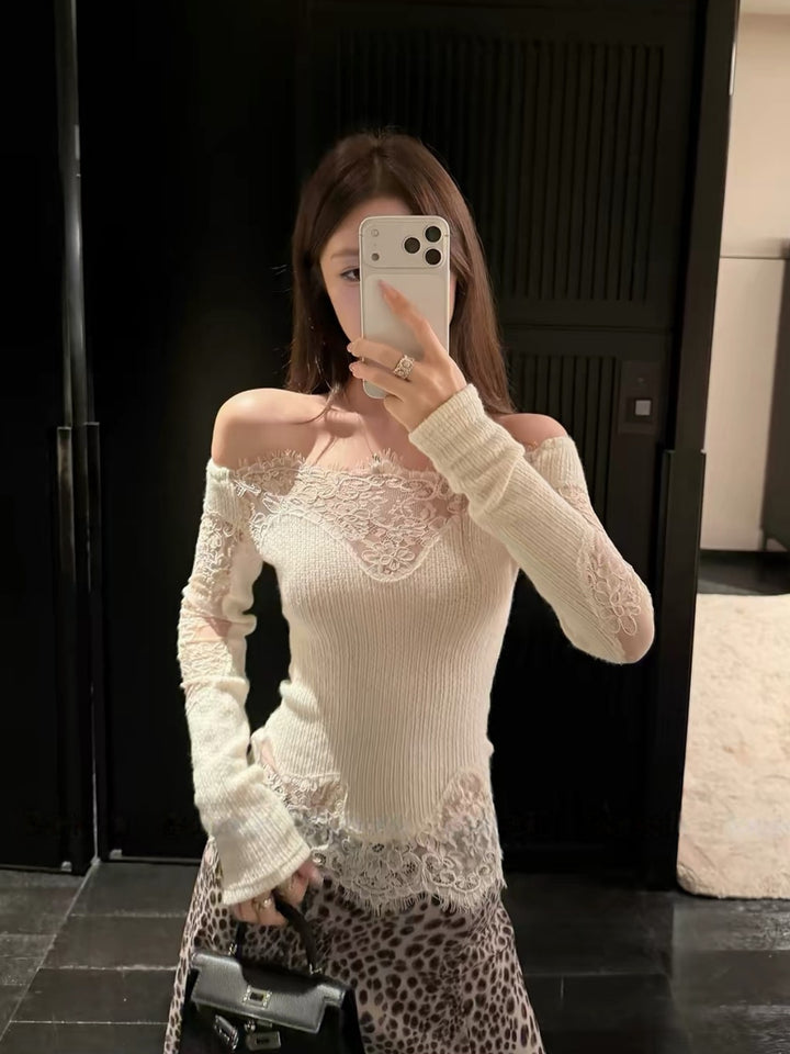 【tops】レースドッキングオフショルダーニットトップス Q9320
