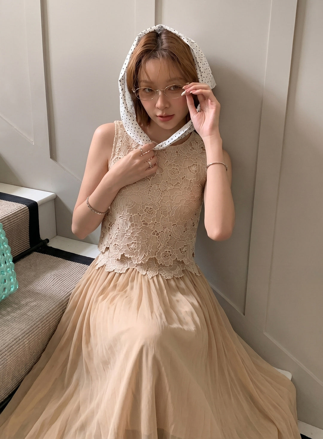 【set】ノースリーブレーストップス×ロングスカートセット Q8699