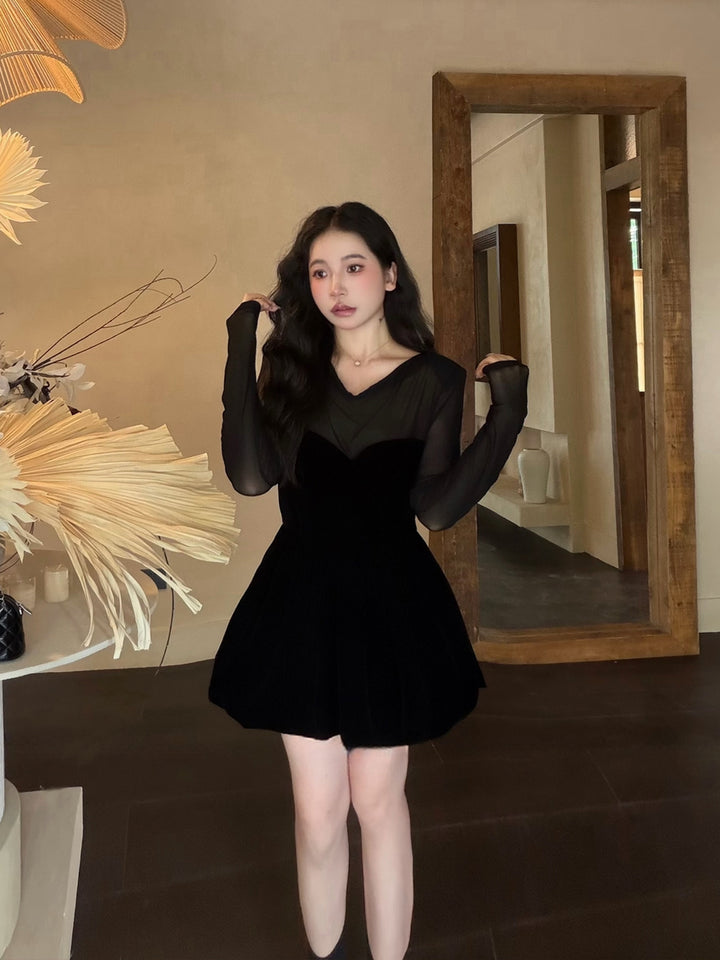 【dress】シアーチュールドッキングバルーンワンピース Q9090