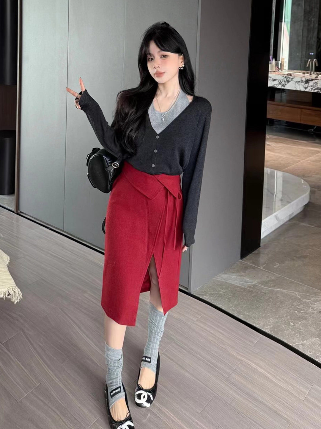 【tops】フェイクレイヤードニットトップス Q9185