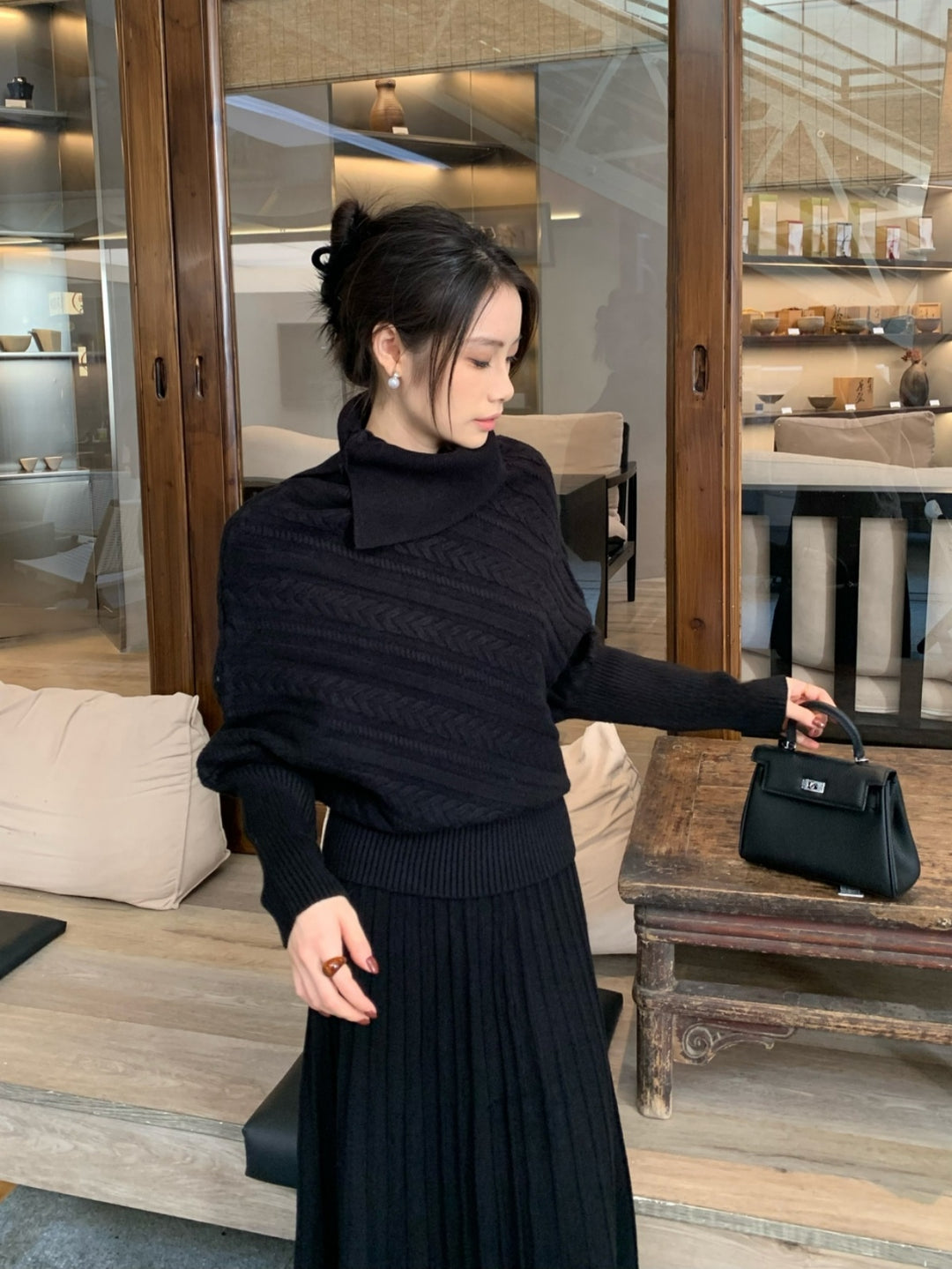 【set】ハイネックニットトップス×ロングスカートセット Q9253