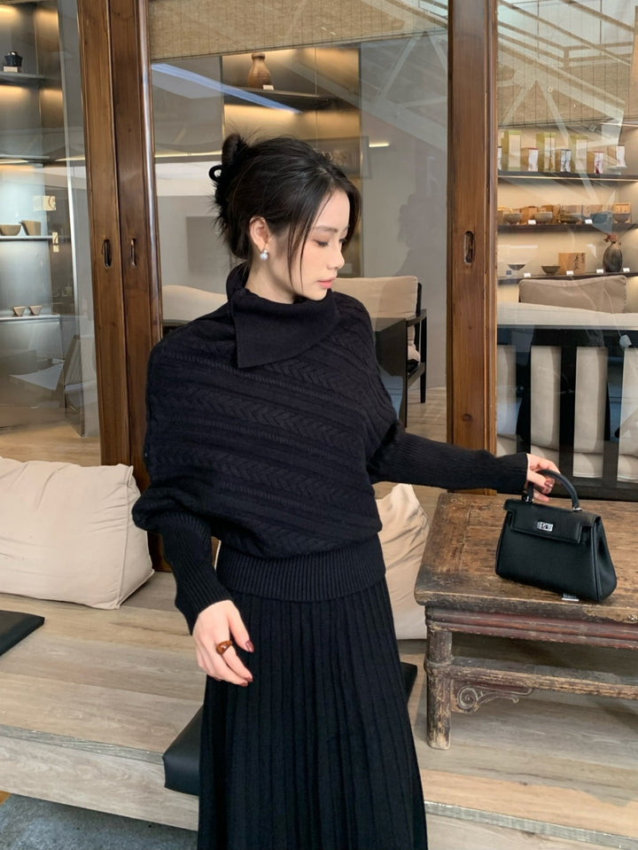 【set】ハイネックニットトップス×ロングスカートセット Q9253