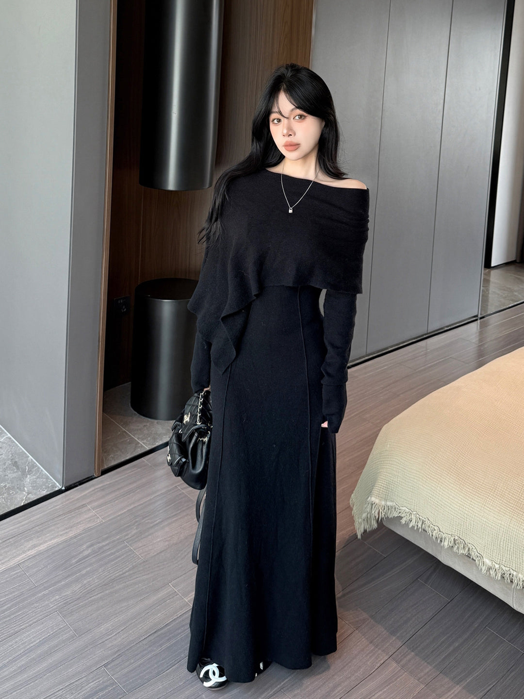 【dress】ケープ付きニットロングワンピース Q9179