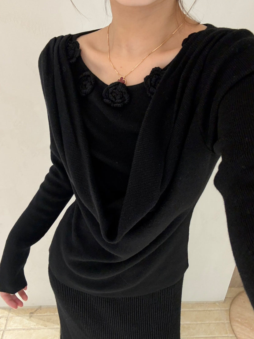 【tops】立体フラワー付きドレープドネックニットトップス Q9130