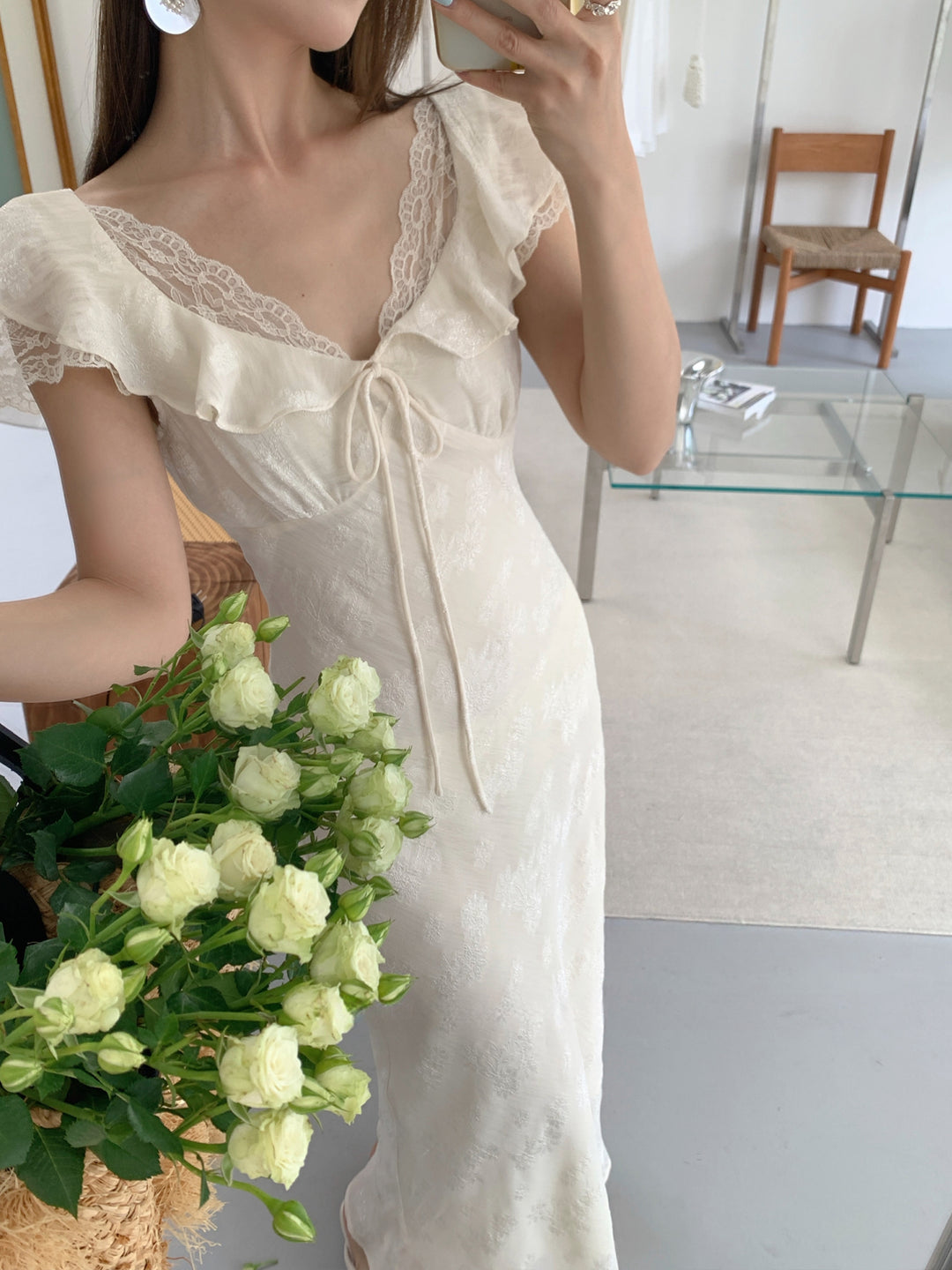 【dress】レースドッキングフラッタースリーブワンピース Q8658