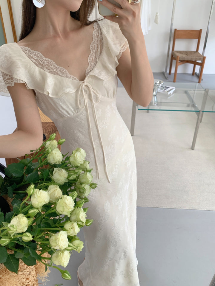 【dress】レースドッキングフラッタースリーブワンピース Q8658