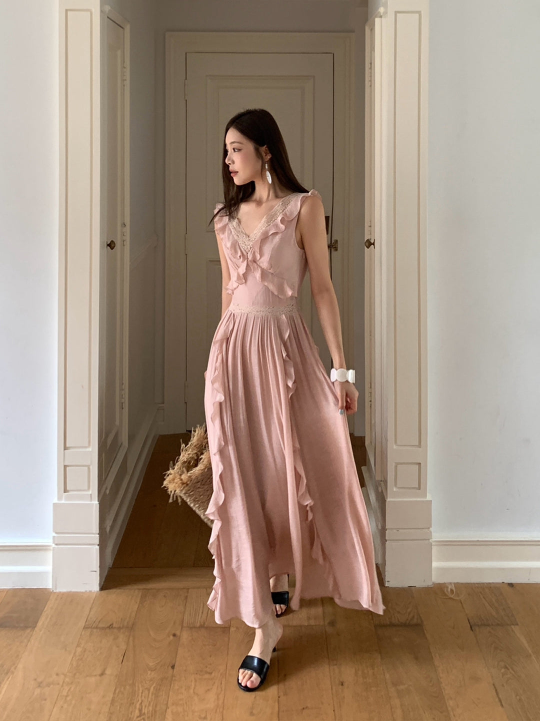 【dress】ノースリーブレースドッキングロングワンピース Q8657