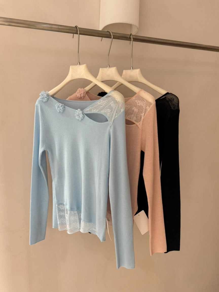 【tops】立体フラワー付きレースドッキングトップス Q9125