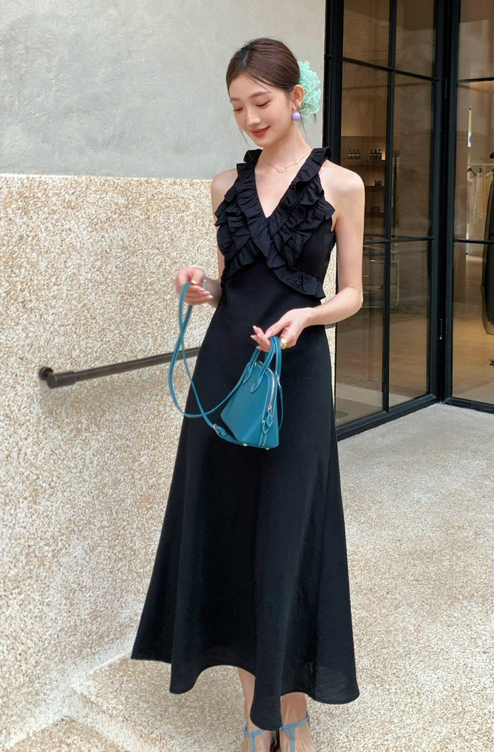 【dress】ノースリーブVネックギャザーフリルワンピース Q8678