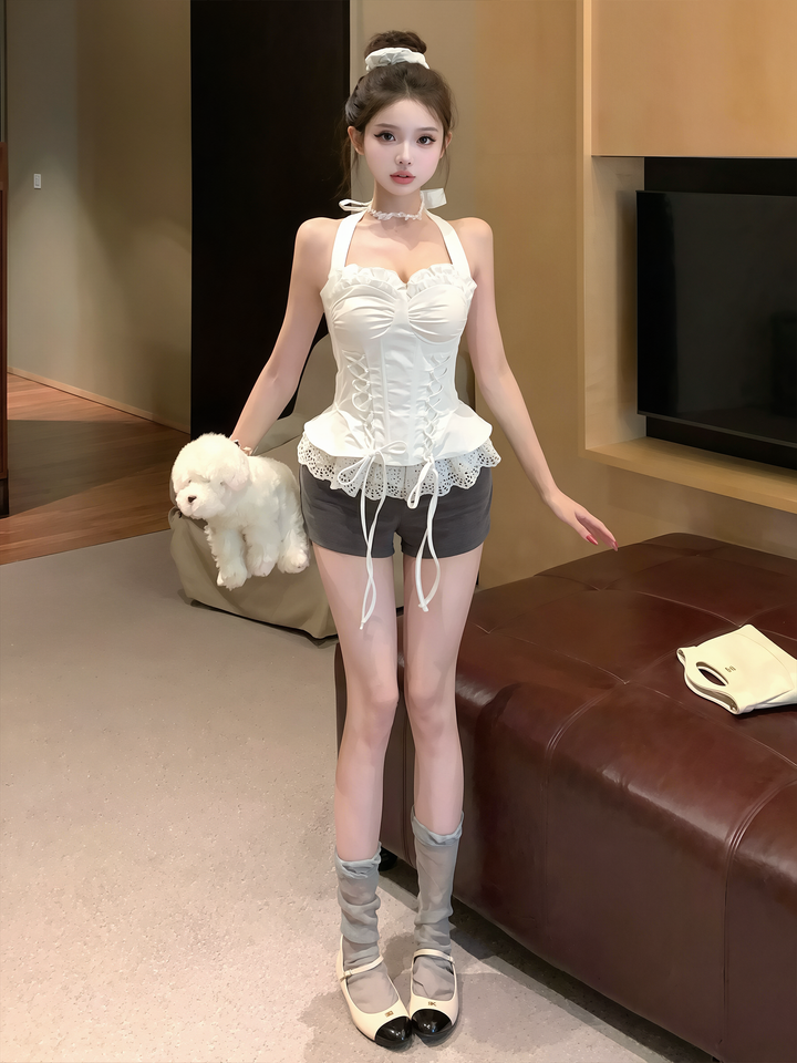【tops】ホルターネックギャザーフリルトップス Q8590
