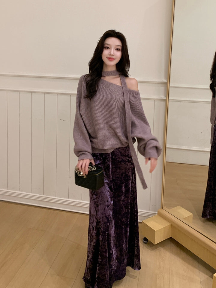 【tops】スカーフ付きニットトップス Q9241