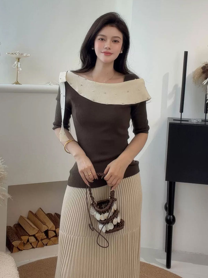 【tops】ラインストーン付きロールカラーニットトップス Q9076