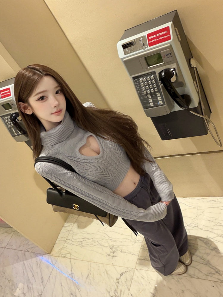 【tops】フロントカットハイネックニットトップス Q9338