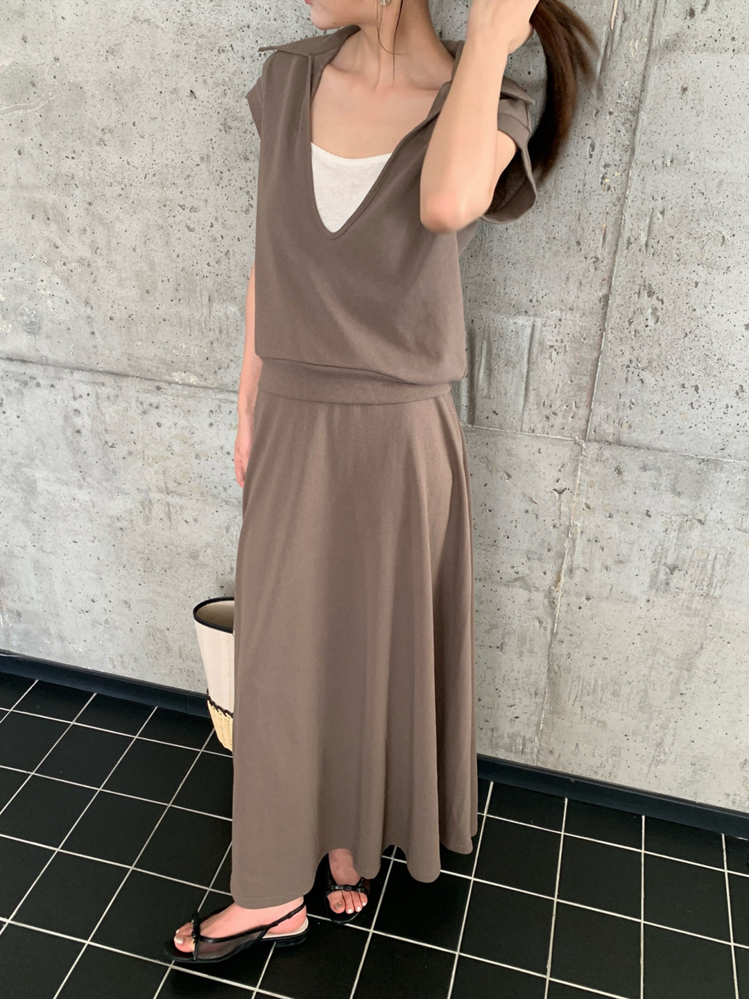 【set】フェイクレイヤードトップス×ロングスカートセット Q8660