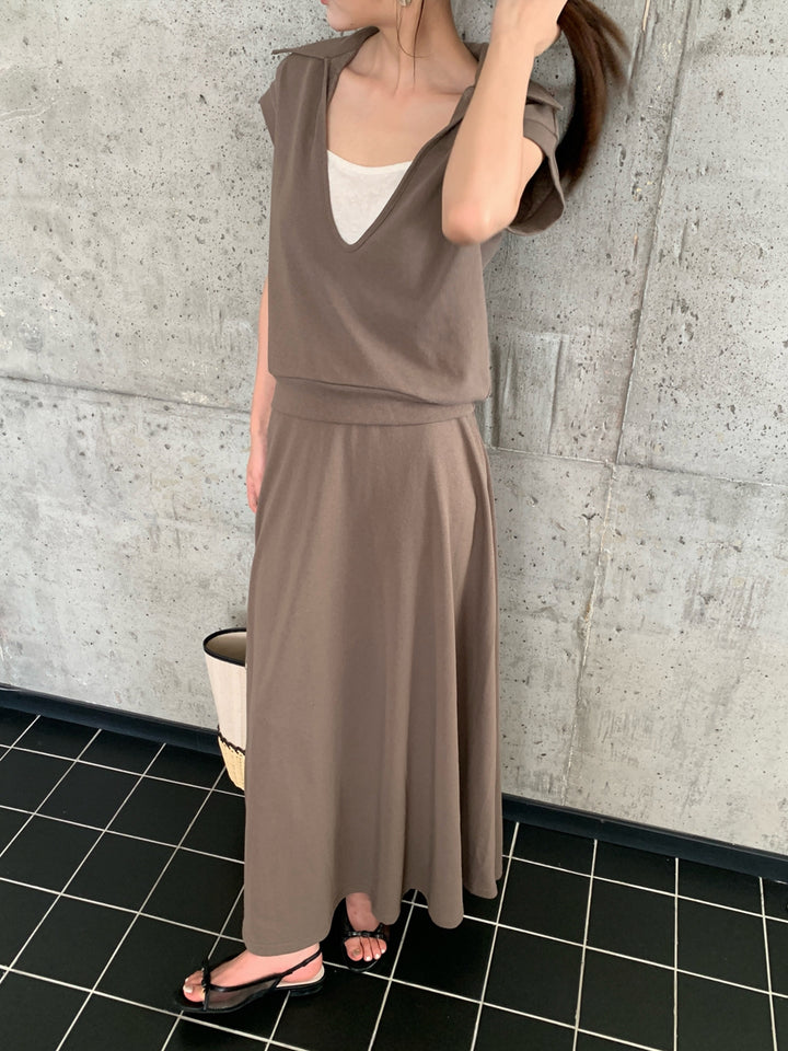 【set】フェイクレイヤードトップス×ロングスカートセット Q8660