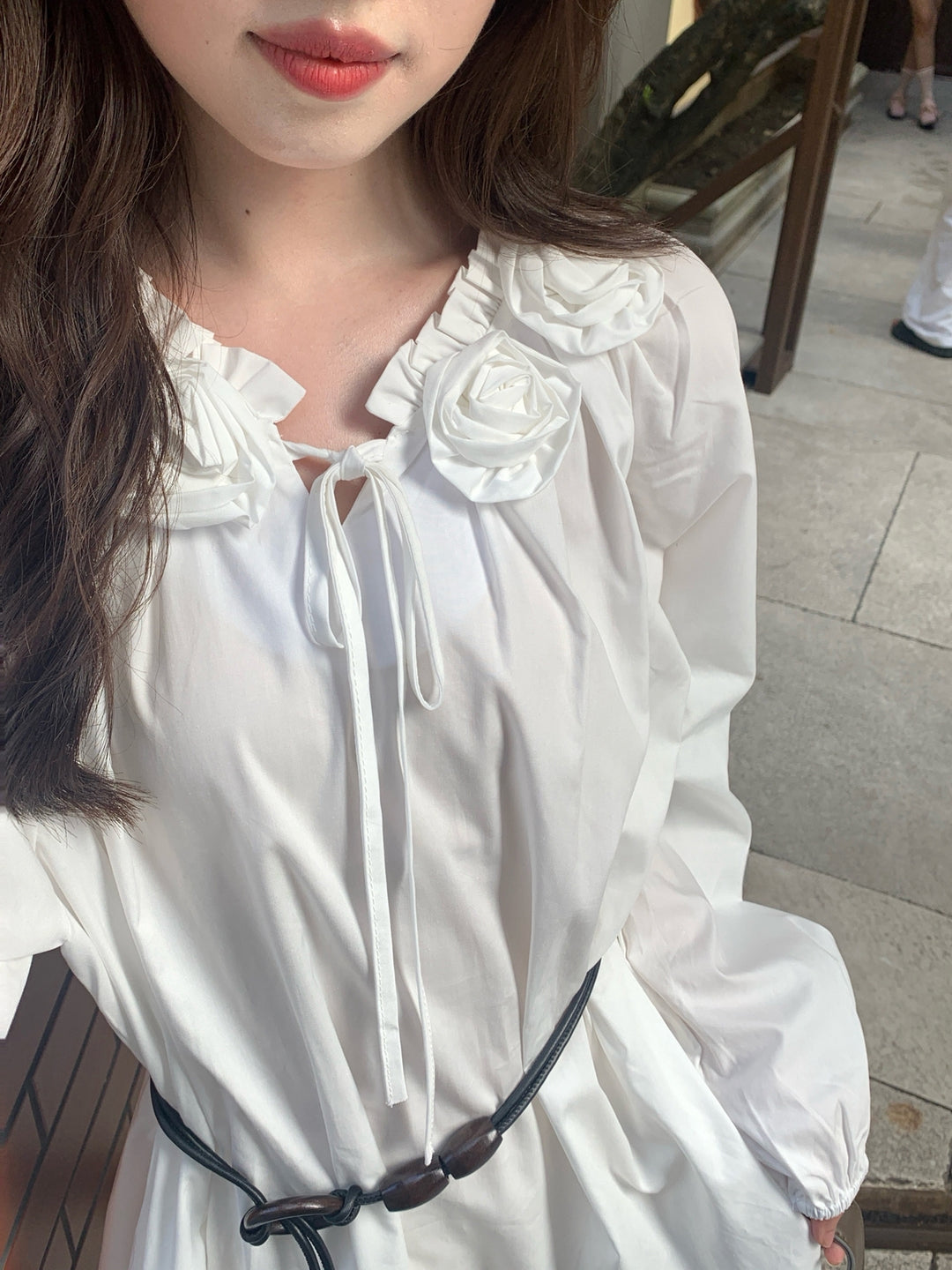 【dress】腰紐付き立体フラワーネックワンピース Q9108