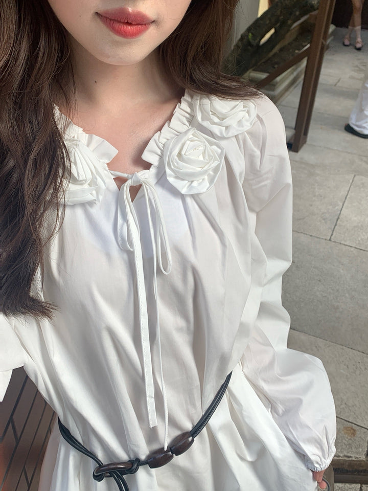 【dress】腰紐付き立体フラワーネックワンピース Q9108