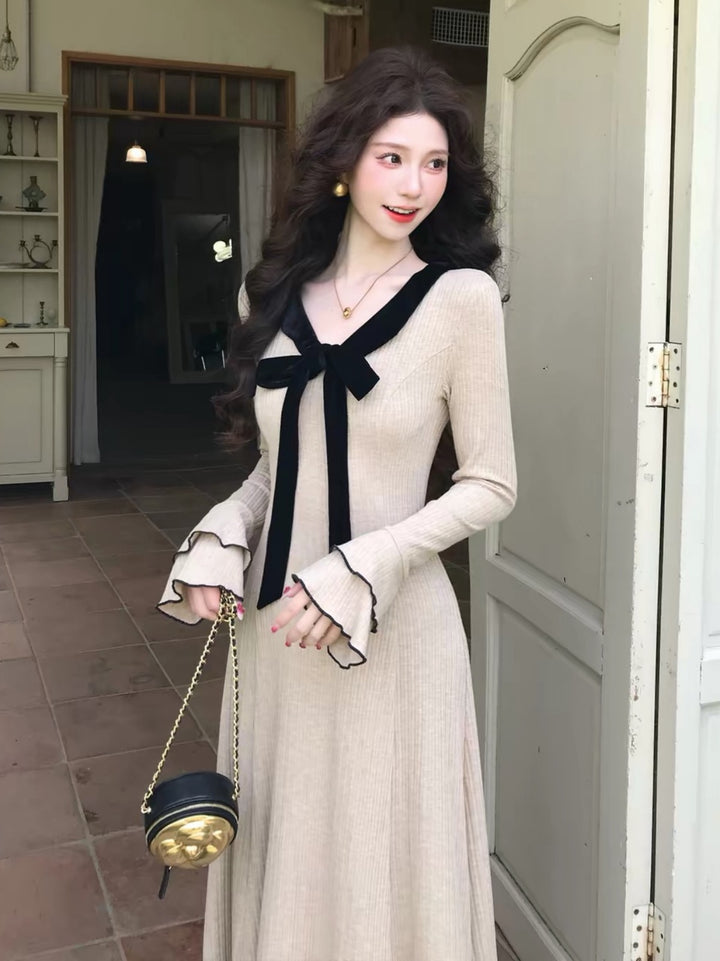 【dress】リボン付きニットロングワンピース Q9265