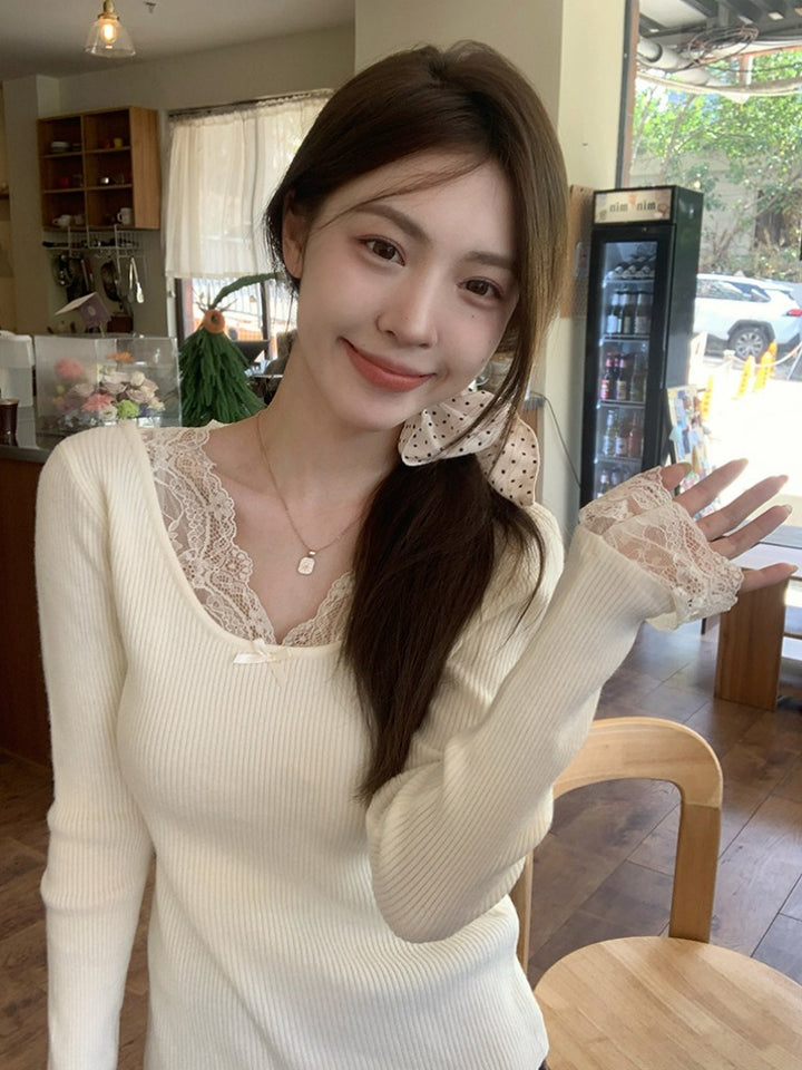 【tops】レースドッキングニットトップス Q9343