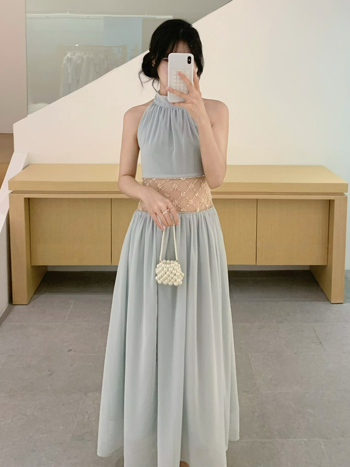 【dress】ホルターネックレースドッキングロングワンピース Q8660
